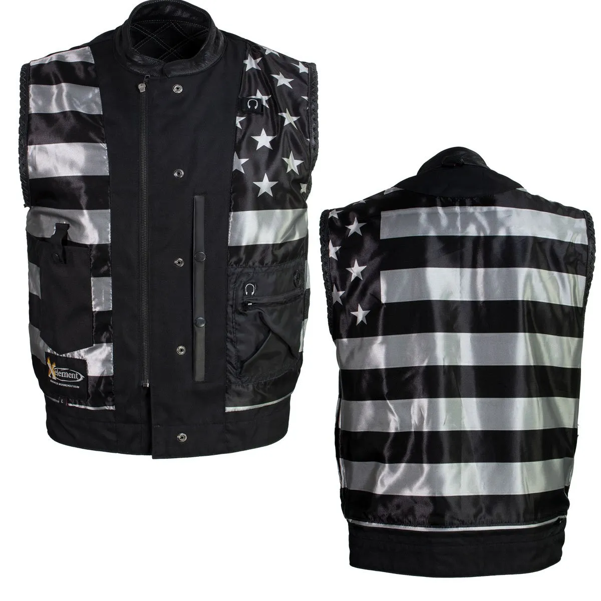 Xelement Men's Black Leather Motorcycle Vest Stars and Stripes Design with USA Flag Liner XS13003