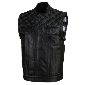 Xelement Men's Black Leather Motorcycle Vest Stars and Stripes Design with USA Flag Liner XS13003