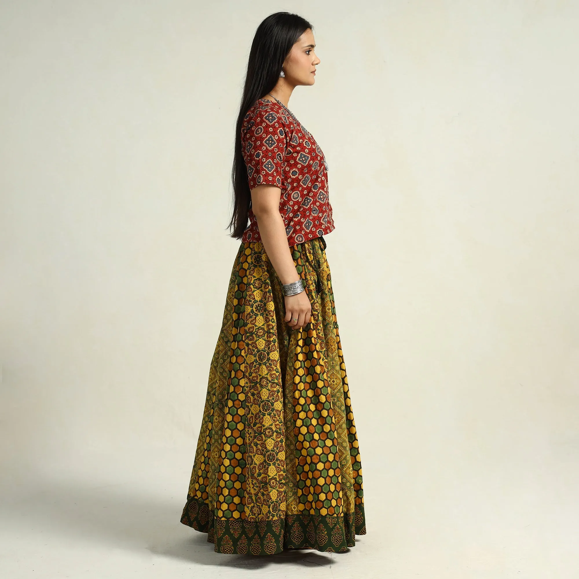 Yellow - Kutch Block Printed 24 Kali Cotton Long Skirt 33