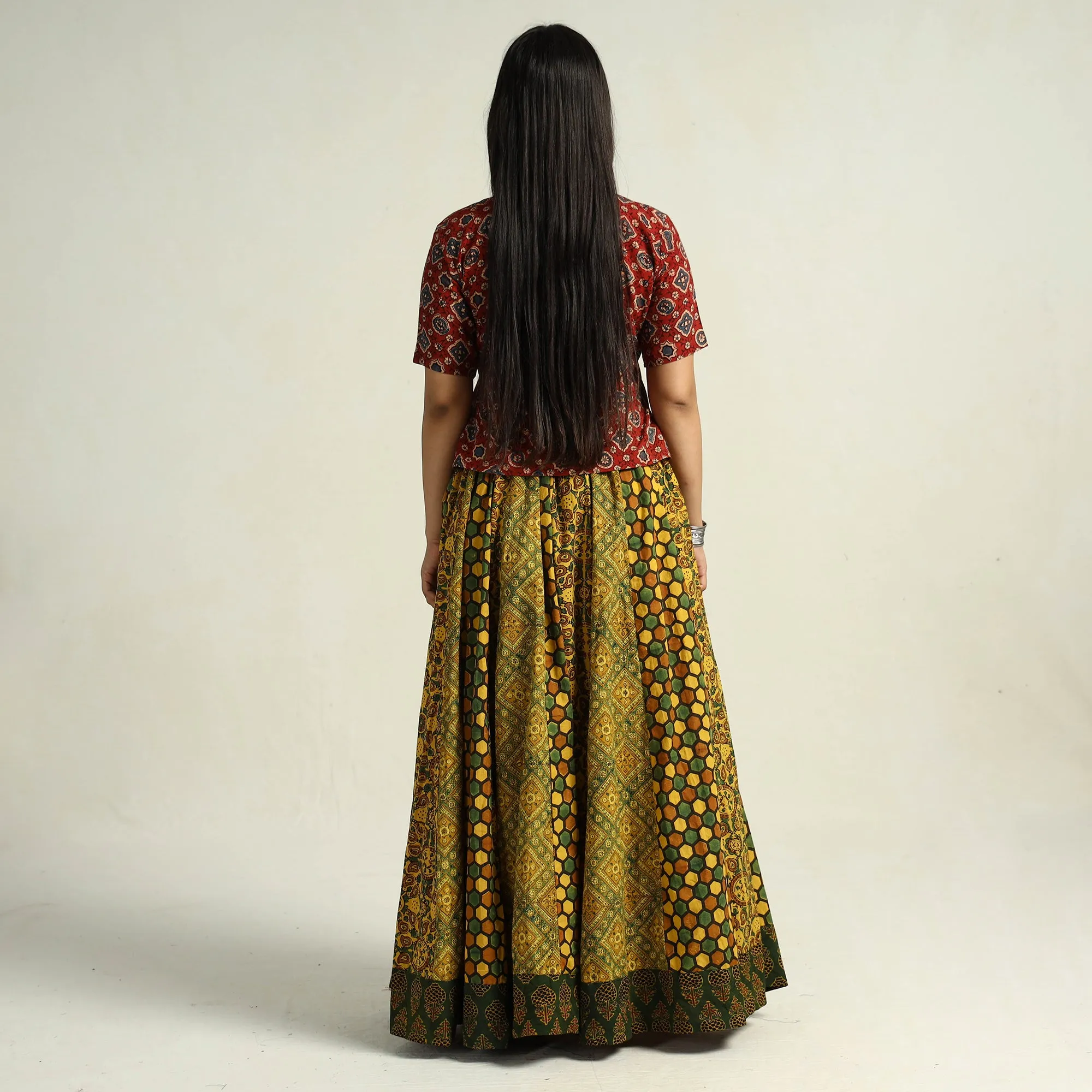 Yellow - Kutch Block Printed 24 Kali Cotton Long Skirt 33