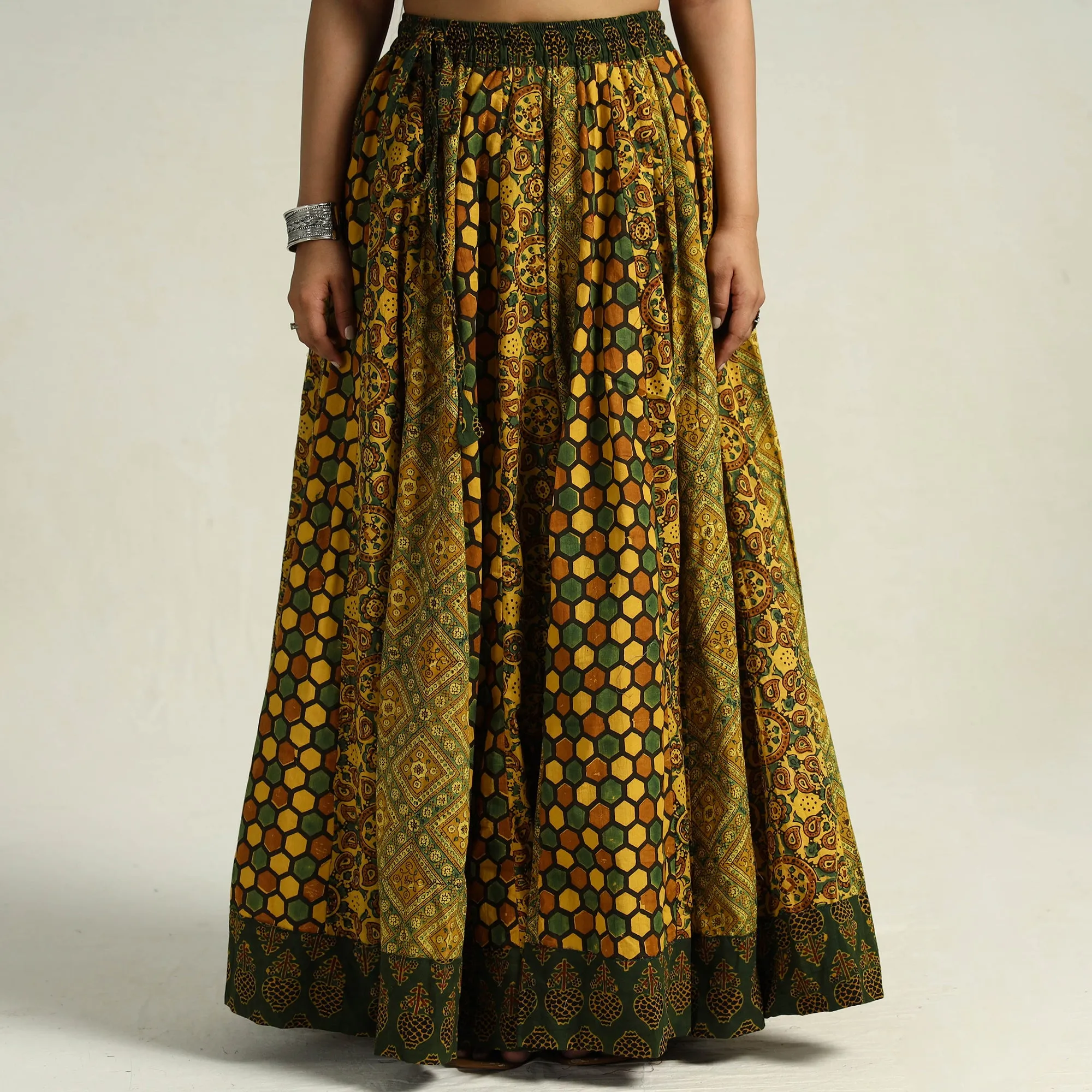 Yellow - Kutch Block Printed 24 Kali Cotton Long Skirt 33