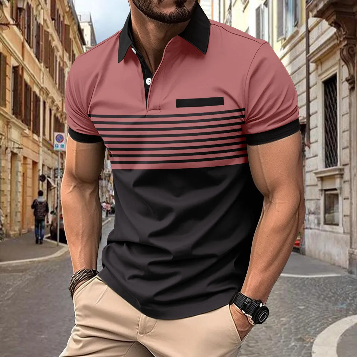 ZIPPER MEN'S PRINTED STRIPED POLO SHIRT