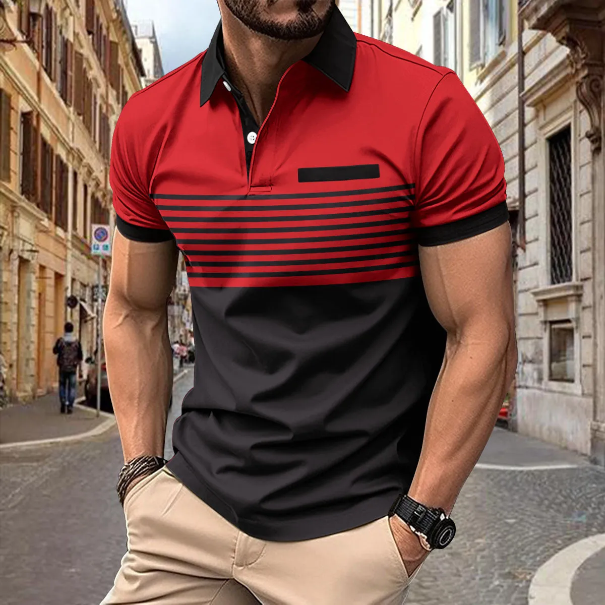 ZIPPER MEN'S PRINTED STRIPED POLO SHIRT