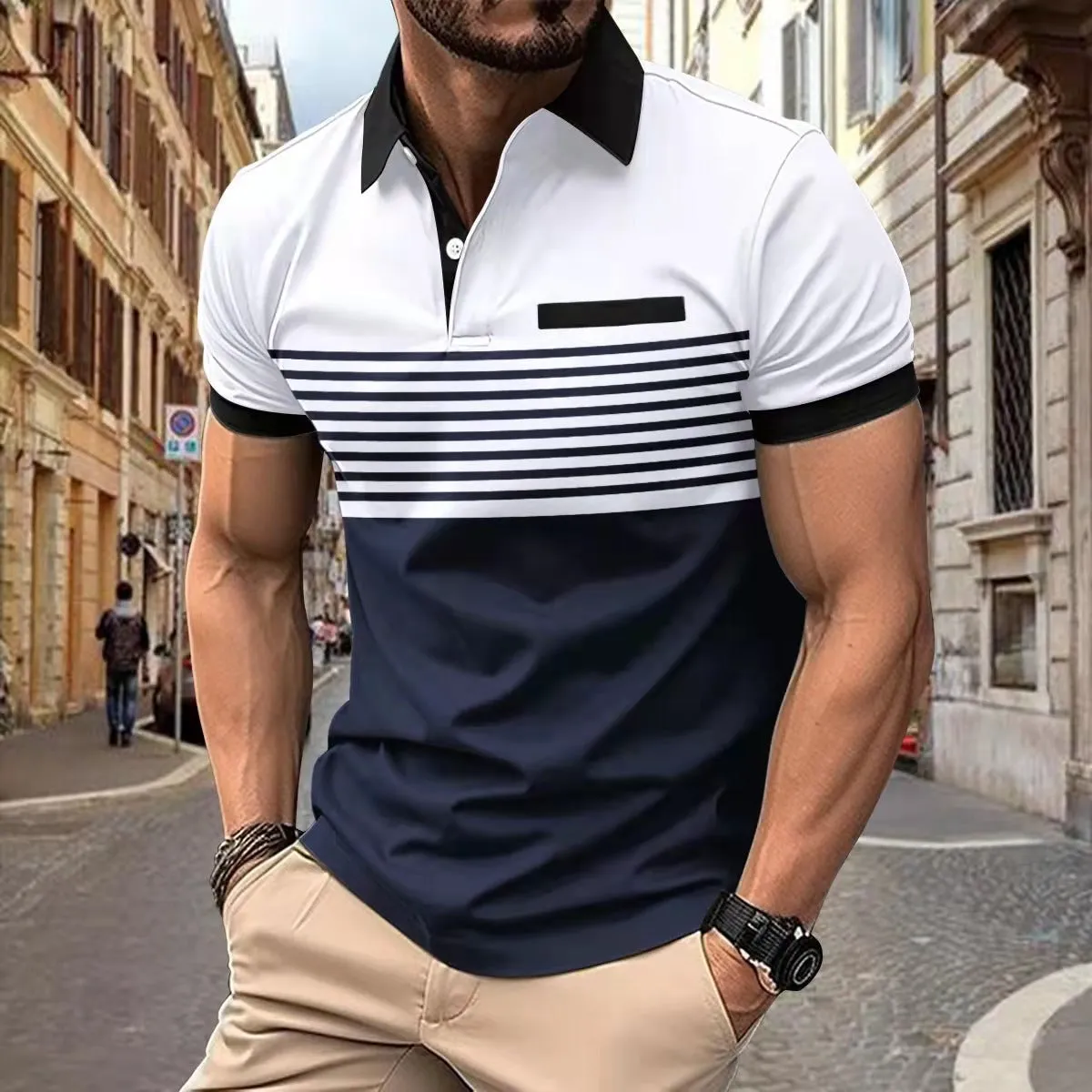 ZIPPER MEN'S PRINTED STRIPED POLO SHIRT